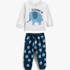 Resim Erkek Bebek Pamuklu Pijama Takımı Fil Baskılı Sweatshirt ve Beli Lastikli Pijama Altı 2 Parça 