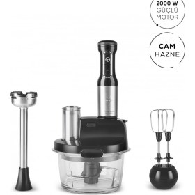 Resim 2000W Cam Mutfak Robotu Siyah Inox, Güçlü ve Şık Tasarım 