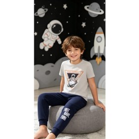 Resim NiCe İç Giyim Astronot Baskı Gri & Siyah Renk Bisiklet Yaka Manşetli Paça Cepli Pamuk Penye Erkek Çocuk Pijama Alt & Üst Takım 