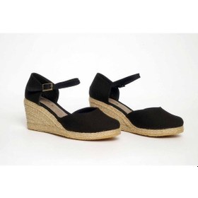 Resim Dolgu Topuk Keten Ön Arka Düz Sandalet Siyah Siyah 1262 