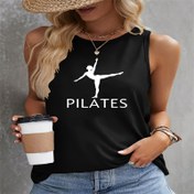 Resim Kadın Sarı Kolsuz Tank Üst - Bale Dansçısı Grafik ile "PİLATES" Baskı, Casual Yaz Giyim, Makine Yıkamalı, Bale Ayakkabıları 