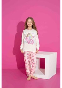 Resim Kız Çocuk Desenli Uzun Kollu Pijama Takımı-445 KREM Krem 