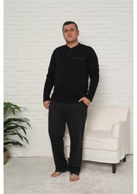 Resim Pijamoni Erkek Battal Düğme Yaka Penye Uzun Kol Pijama Takımı 6720/17 - 1 Adet Siyah 