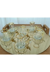 Resim Assa Bazaar Yeni Model 6 Kişilik Gold Çay Seti Cam Bardak & Tabak & Kaşık Takımı Altın 