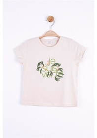 Resim Nk Kids Kız Çocuk Pamuklu Yaprak Baskılı Yuvarlak Yaka Yarım Kol Tshirt-12907 Bej 