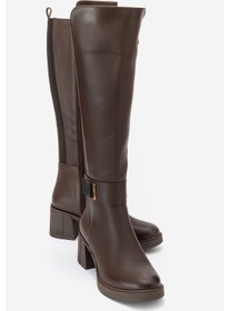 Resim Luvishoes Luvi Shoes Moreni Kahve Cilt Streç Detaylı Tokalı Kadın Kalın Topuklu Çizme Kahve Rengi 