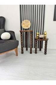 Resim AYLESA Doğal Ahşap Boncuk Ayaklı Yan Sehpa Modern Ceviz Renk Fiskos Zigon Çiçeklik 