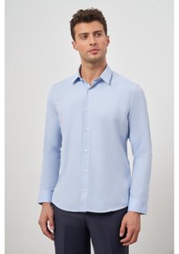 Resim İmza Mavi Uzun Kol Kendinden Desenli Armürlü 032 Sert Yaka Classic Slim Fit Gömlek 1004245151 Mavi 