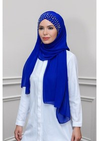 Resim Hürrem Bone Saks Mavisi Pratik Hazır Geçmeli Bone Şal Şifon Kendinden Boneli (553630068) 