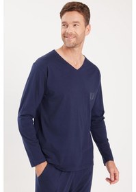 Resim Tudors Erkek Standart Fit %100 Pamuk V Yaka Beli Lastikli Lacivert Pijama Takımı-37940 Lacivert 