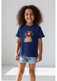 Resim Monila Kız Çocuk Köpek Baskılı Pamuklu Bisiklet Yaka T-shirt Lacivert 