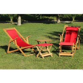 Resim Kırmızı Ayak Uzatma Tabureli Katlanır 2li Ahşap Şezlong Seti 