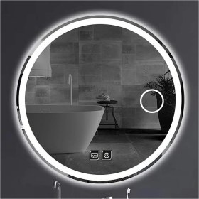 Resim 45 cm Makyaj Aynalı Dokunmatik Tuşlu Buğu Yapmayan Ledli Yuvarlak Banyo Aynası 