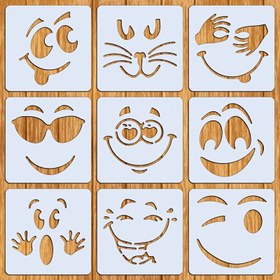 Resim 9 adet mutlu Yüz Şablonları, 7.62x7.62 cm Yeniden Kullanılabilir Boyama Şablonları, Ahşap, Harfler, Duvar Sanatı, Kağıt, Scrapbooking ve Ev Dekorasyonu için Uygun 