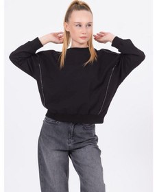 Resim Kız Çocuk Sim Şeritli Taşlı Yarasakol Sweatshirt-13468 Siyah 