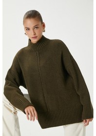Resim Ritnice Kadın Wonder Yumuşacık Dik Yaka Haki Yırtmaçlı Oversize Triko Kazak Haki 