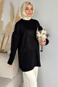 Resim Gülseli Bisiklet Yaka Yırtmaçlı Tesettür Triko Tunik Siyah TZL-P-00020085 
