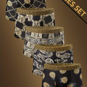 Resim 5 adet Lüks Siyah ve Altın Baskılı Boxer Şort Seti - Şık Yunan Anahtarı ve Çiçek Deseni, Rahat Esnek Kumaş, Günlük Giyim, Spor, Fitness ve Boks için Uygun, Trendy Boxer Şortları | Rahat Fit 