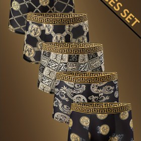 Resim 5 adet Lüks Siyah ve Altın Baskılı Boxer Şort Seti - Şık Yunan Anahtarı ve Çiçek Deseni, Rahat Esnek Kumaş, Günlük Giyim, Spor, Fitness ve Boks için Uygun, Trendy Boxer Şortları | Rahat Fit 