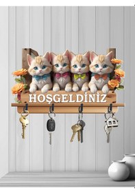 Resim Dört Metal Kancalı 2d Ahşap Uv Baskılı Kediler Hoşgeldiniz Mdf Duvar Askılığı Anahtarlık V7 Çok Renkli 