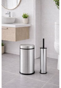 Resim Modern Banyo Seti 11 Lt Döner Kapaklı Çöp Kovası + Tuvalet Fırçası Wc Seti Gri 