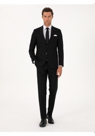 Resim Cacharel Siyah Slim Fit Mikro Desenli Mono Yaka Yün Karışımlı Takım Elbise 