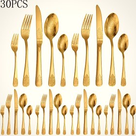 Resim 30 Parça Premium Şık Altın Renkli Mutfak Takımı - 6 Kişilik, Zarif Desen Tasarımı, Bıçak/Çatal/Kaşık İçerir, Dayanıklı Paslanmaz Çelik, Ayna Cilalı Yüzey, Mutfak, Restoran, Düğün, Parti ve Bayramlar için Uygun, Bulaşık Makinesine Uyumlu 