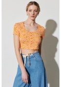Resim Regular Fit Normal Kesim Bisiklet Yaka Turuncu Crop Bluz Turuncu 