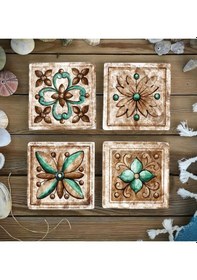 Resim Baskılı Doğaltaş Bardak Altlığı 4'lü Set - Hint Desenli Doğal Taş Bardak Altı Çok Renkli 