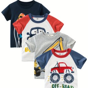 Resim 4Pcs Karikatür Araba Baskılı Erkeklerin %100 Pamuk Rahat Spor T-shirt - Rahat Yaz Dış Giyim 
