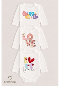 Resim Babyden's Love Temalı 3 Lü Bebek Body Seti %100 Pamuk Uzun Kollu Çıtçıtlı Bebek Zıbını Unisex Beyaz 