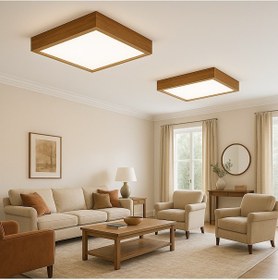 Resim Ahşap Çerçeveli Led Panel Aydınlatma Enerji Tasarruflu Avize 60 60 Cm 3200k Gün Işığı Ahşap 