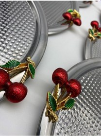 Resim 6'lı Kirazlı Yuvarlak Gümüş Çay Ve Kahve Sunum Tepsisi 