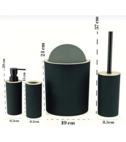 Resim River Quardi Banyo Seti Modern Çizgili - 7 Litre Kova 4 Parça Banyo Çöp Kovası Seti (Gri) 