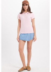 Resim Tudors Kadın Slim Fit Dar Kesim %100 Pamuk Polo Yaka Pembe Pike Tişört -50835 