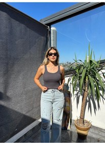 Resim Kadın Halter Yaka Füme Crop/bluz Füme 