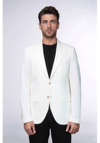 Resim Ekru Kedinden Desenli Örme Altın Renk Metal Düğmeli Slim Fit Erkek Blazer Ceket - Wessi Blue 