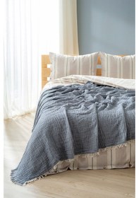 Resim Berolige Easy Müslin İplik Boya Çift Kişilik Yatak Örtüsü Indigo Mavi Indigo 