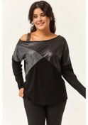 Resim Kadın Büyük Beden Siyah Deri Garnili Asimetrik Yaka Siyah Bluz Siyah 