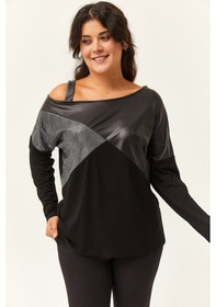 Resim Kadın Büyük Beden Siyah Deri Garnili Asimetrik Yaka Siyah Bluz Siyah 