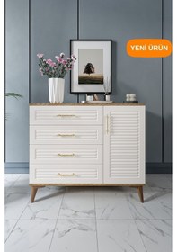 Resim Panjurlu 4 Çekmeceli 1 Kapaklı Şifonyer Modern Tasarım, Mdf Kapak,ekru Ceviz Ceviz - Ekru 