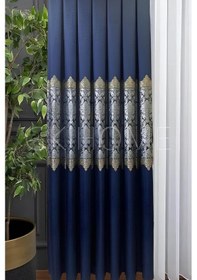 Resim Pano Fon Perde Lacivert Damask Çiçek Desenli Fon Perde Sık Pile 1/3 Tek Kanat Lacivert 