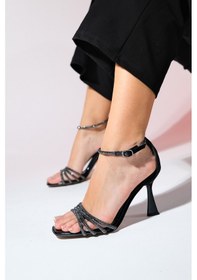 Resim Luvishoes Monica Siyah Rugan Taşlı Kadın İnce Topuklu Abiye Ayakkabı Siyah 