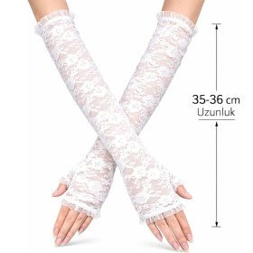 Resim Gültekin Uzun Zarif Dantel Eldiven Parmaksız Beyaz 35 cm 