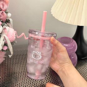 Resim 1 Adet Sanrio Hello Kitty 450ml Dayanıklı PC Plastik Pipetli Su Şişesi - Taşınabilir Yeniden Kullanılabilir Sevimli Pembe Tasarım, Yaz, Kamp, Okul, Parti, Doğum Günü, Noel, Sevgililer Günü Hediyesi, Eğlenceli İçecek Kabı, Şeffaf İçecek Ürünü 