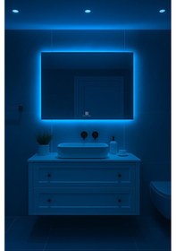 Resim Digital Hayat Dokunmatik Dimlenebilir Mavi Led Işıklı Dikdörtgen Ayna Dekoratif Banyo Makyaj Aynası Yatay Ve Dikey Kullanım 30x50cm - 60x80cm Mavi 