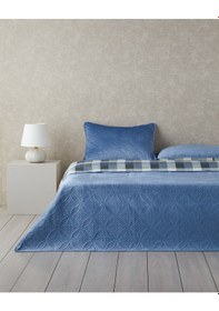 Resim Ornate Check Çift Taraflı Kadife Çift Kişilik Yatak Örtüsü Takımı Koyu Mavi Koyu Mavi 