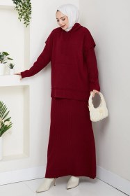 Resim Bestenur Kapüşonlu Tunik Elbise Triko Takım 1645 - Bordo Bordo 