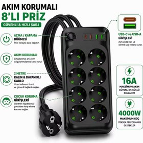 Resim Akım Korumalı Priz (6'lı, 8'li, 10'lu Seçenekler) 4000W 16A USB-C ve USB-A Hızlı Şarjlı 2 Metre Kablolu Çoklu Priz - 8'li Priz + 4 USB 