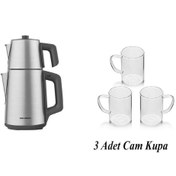 Resim Grundig Çelik Çaycı ve 3 Adet İnce Cam Kupa 
